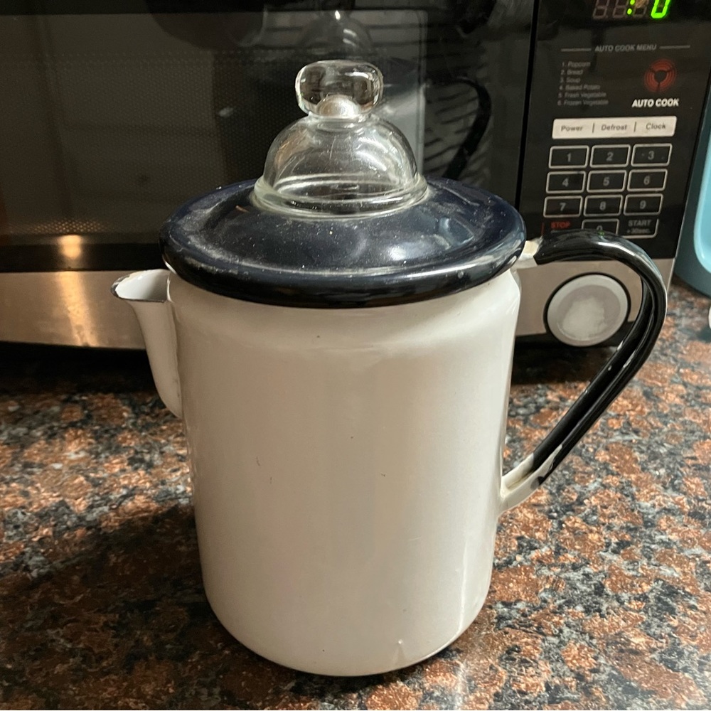 White enamel coffee pot percolator black trim